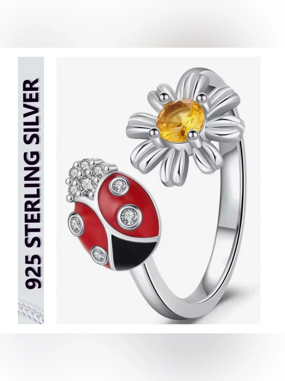 🌟🌟 S925 Sterling Silver Open Ring with Red Enamel Ladybug and Yellow Daisy